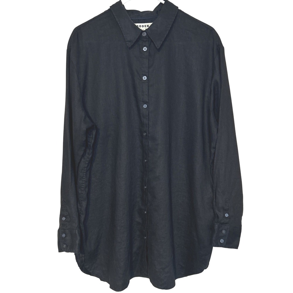 Boden 100% Linen Black Button Down Tunic Blouse Casual Minimalist Lagenlook 12